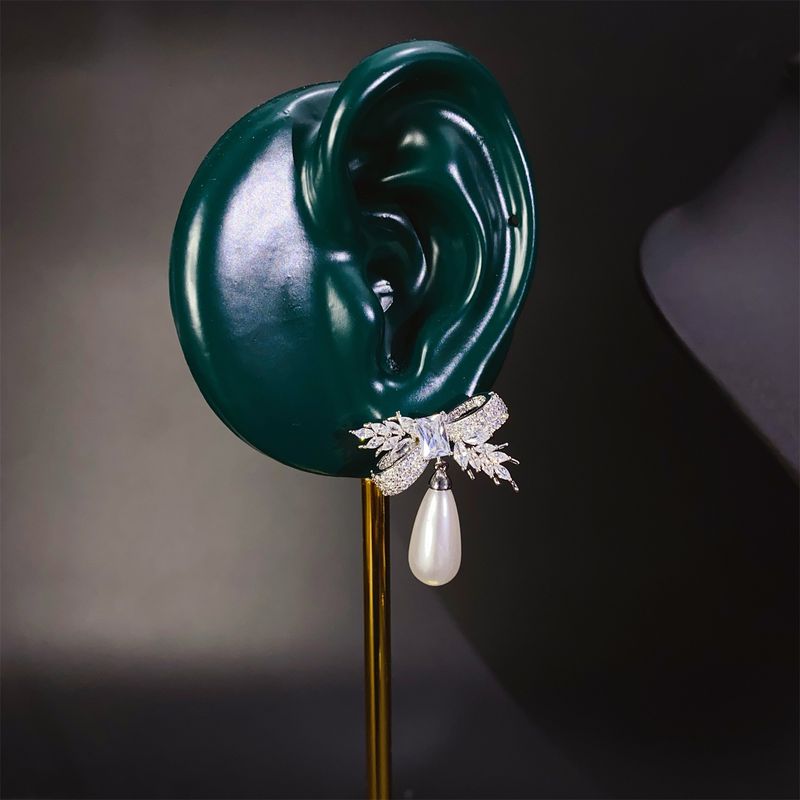 French Super Flash Light Luxury Pearl Bow Tie High quality Atmosphere Ear Bridal Earrings _voghion.com