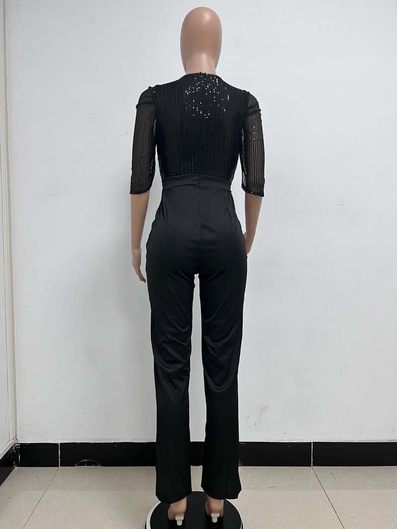 Eleganter Jumpsuit mit weitem Bein für Damen – Glitzer-Detail, 5/7-Ärmel, hohe Taille, bequemer Stretchstoff, trendige Streetwear und lässiges Outfit_voghion.com