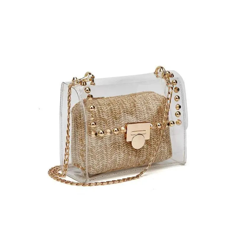 Designer 2025 Fashion Decorative Waterproof PVC Shoulder Messenger Transparent Chain Woven Clutch Bag_voghion.com