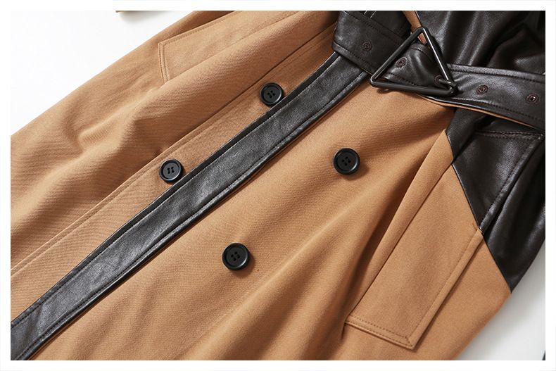 Women's Clothing Spliced Leather Trench Coat Women's Long Style Temperament Over Knee Lace up Waist Khaki Color Splicing Temperament 1396_voghion.com
