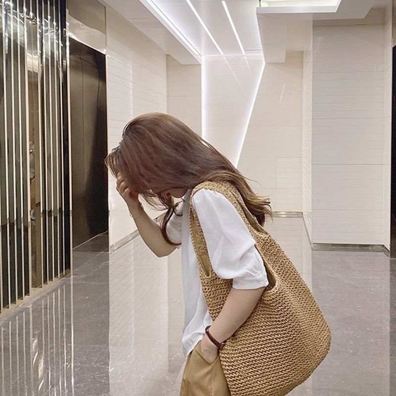 Straw For Women 2025 New Summer Versatile Casual Shoulder Forest Style Handwoven Large Capacity Beach Bag_voghion.com