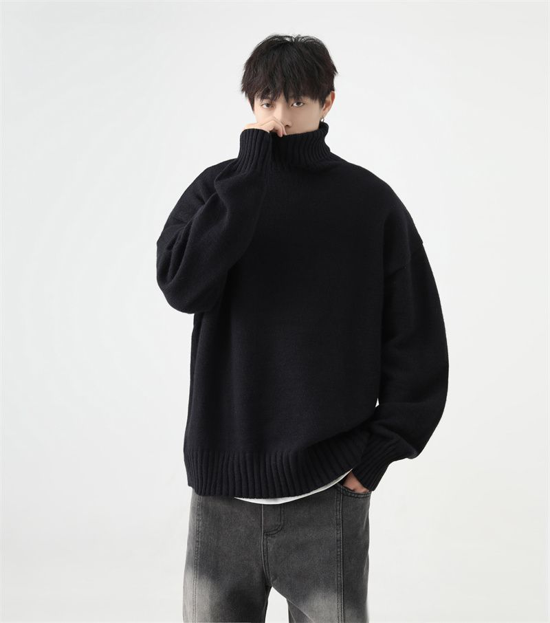 QOTRIOCK Turtleneck For Men Winter Loose Solid Color Fleece Lined Thickened Warm Couple Knitted Base Shirt Sweater_voghion.com