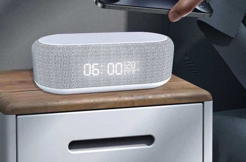 Enceinte sans fil YaShoo - Communication Bluetooth, réglage du réveil/de l'heure, chargement sans fil, veilleuse à neuf vitesses, affichage de l'heure et de la température_voghion.com