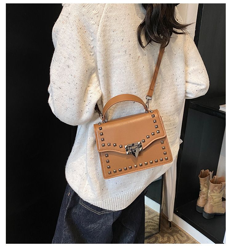 Women's Studded Clutch Bag - Spring PU Small Handbag With Flap Closure (Black, Brown, Beige, White)_voghion.com