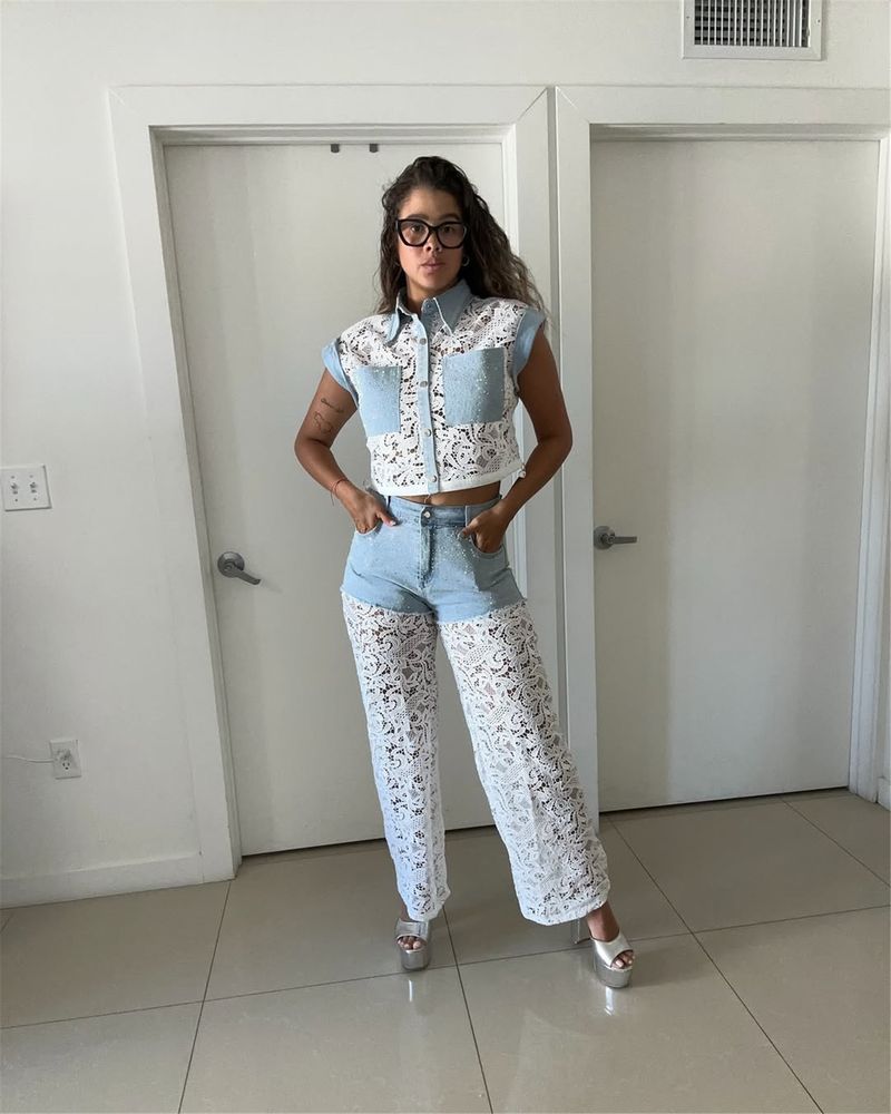 Summer Women's Denim & Lace 2-Piece Set – Cropped Sleeve Top & Straight-Leg Pants (S-XXL) | Trendy Streetwear With Rhinestone Details_voghion.com