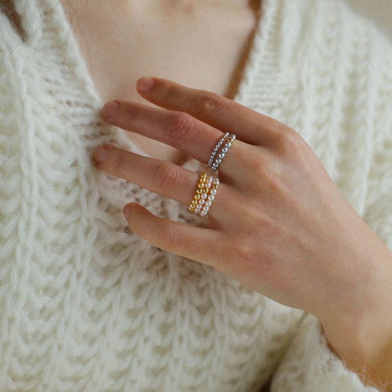 Anello impilabile con perle artificiali in oro bianco e grigio per donna, con piccole perle di riso dorato_voghion.com