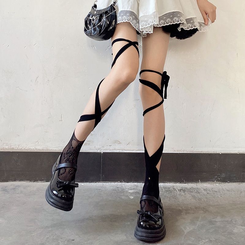 YAHUdie Lace-Up Summer Autumn Thin Lace Hollow Half-Cross Calf Socks Over-the-Knee Black Stockings_voghion.com