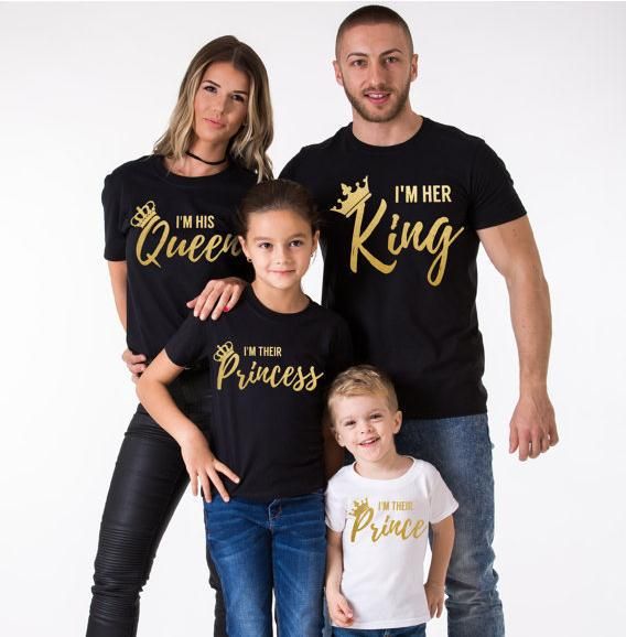 Mother & Kids Foreign trade European and American summer gold stamping queen king family wear parent-child wear T-shirt_voghion.com