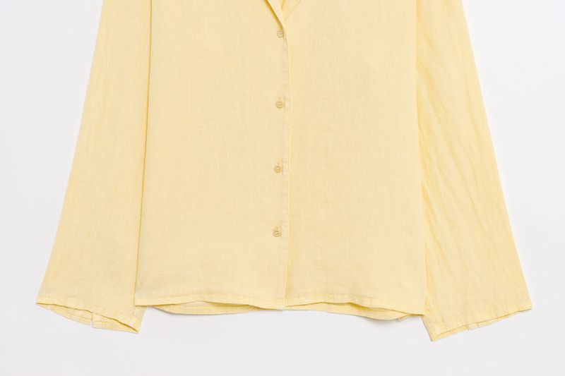 Abbigliamento estivo da donna, nuovo stile, camicia a maniche lunghe in lino con scollo a V e pantaloncini a vita media_voghion.com