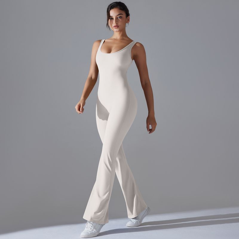Neuer, einfarbiger, hüfthebender, langer, schmal geschnittener Jumpsuit mit weitem Bein für Sport, Laufen, Fitness und Yoga_voghion.com