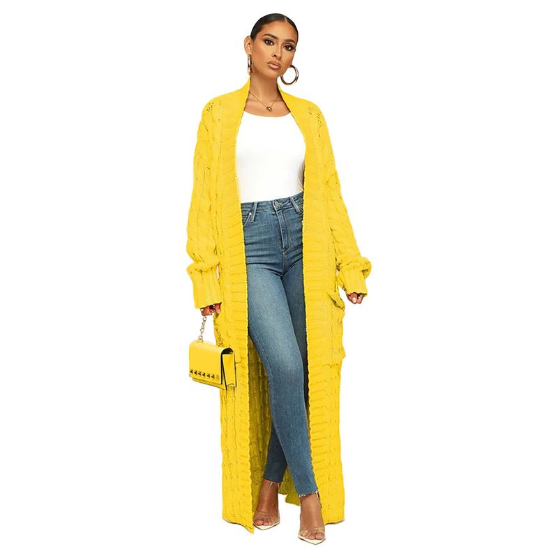 Damenbekleidung Locker gestrickte Strickjacke, gemütliche, übergroße Strickjacke mit Taschen, langer Zopfmuster-Pullovermantel, lockerer Boho-Chic, offene Vorderseite_voghion.com