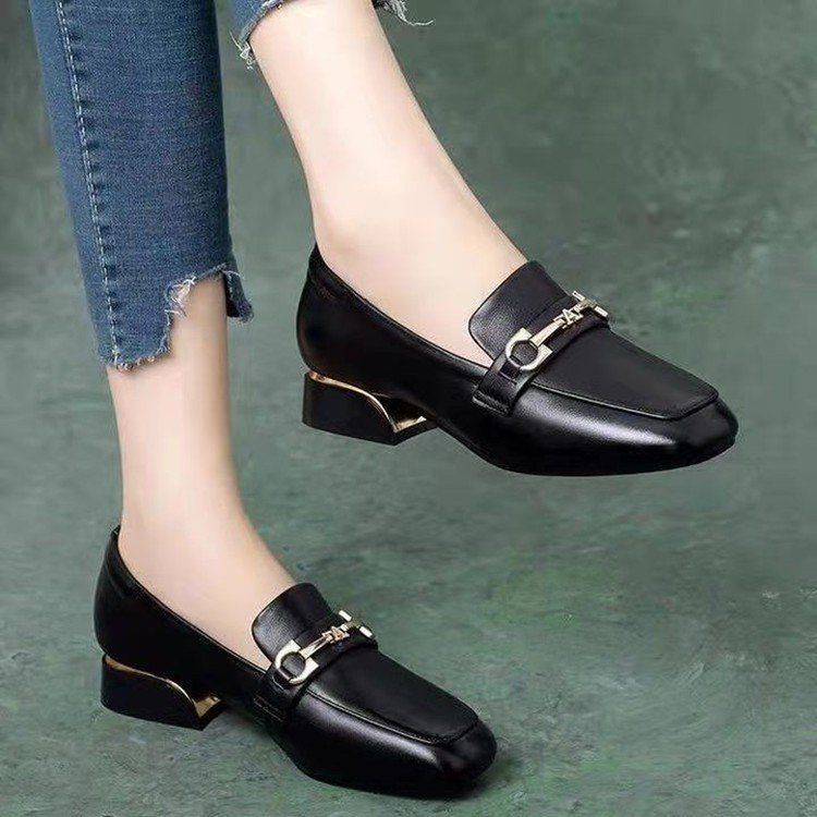 Soft-soled Loafers Women's Square Head Shallow Mouth Single Shoes Women's One-pedal Small Leather Shoes Square Heel British Style_voghion.com