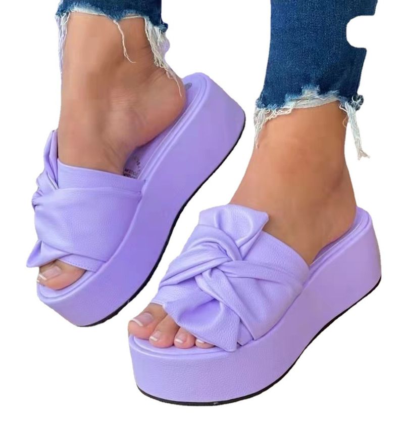 Large Size Solid Color Sponge Cake Bow Shaped Flip Flops Women With Thick Soles And Beach Sandals For External Wear_voghion.com