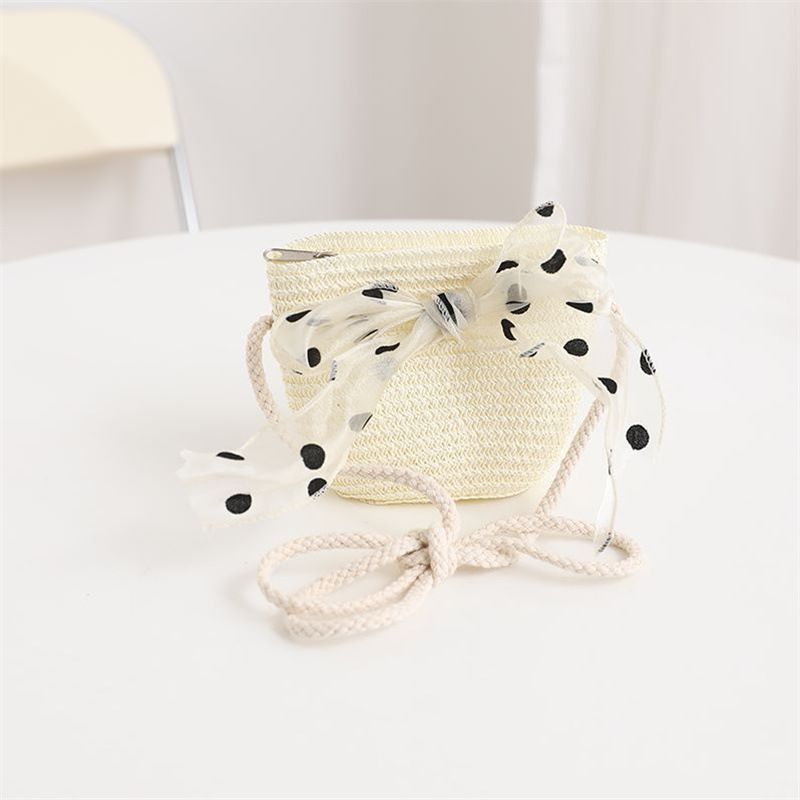 Nuovo set di cappelli e borse parasole con fiocco coreano a pois e onde di paglia per bambini, dolce e carino_voghion.com