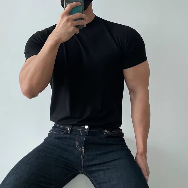 Herrenbekleidung Sommer-T-Shirt mit kleinem Ausschnitt Slim Fit Kurzarm Muskelanzug_voghion.com