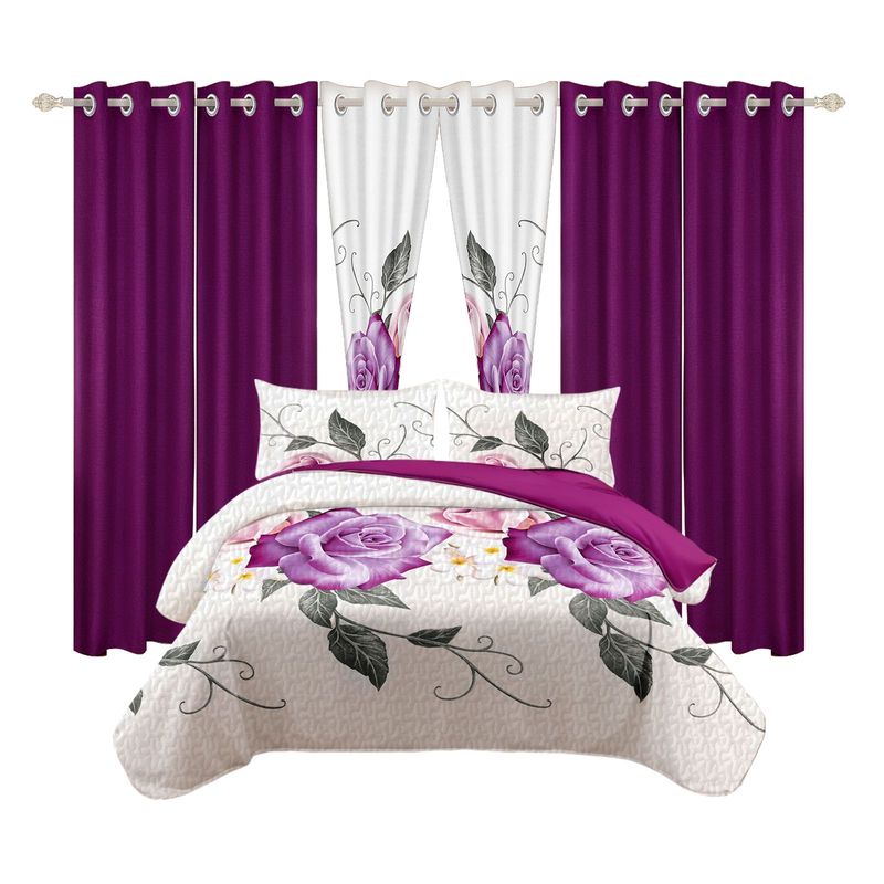 9 Piece Soft All-Season Washed Microfiber Cover Set , Queen/King/Calking Bedding Set With Pillowcases,Bedspread Print Curtains & Solid Curtains,Print, Moisture-Wicking, Soft ,Cooling, Easy Care_voghion.com