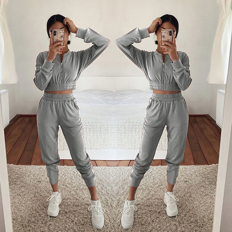 Unique Sportswear 2-piece Set Spring Autumn Zipper Crop Top And Pants Casual Outfit Street Style For Women_voghion.com