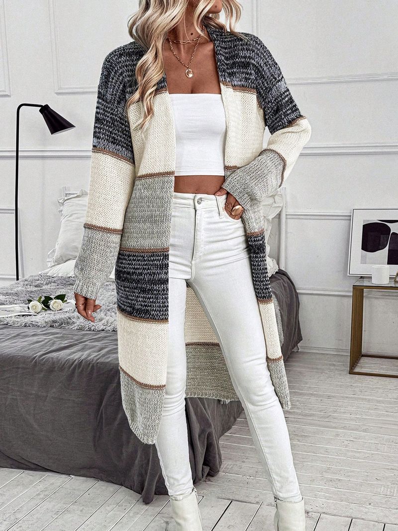 Women's Longline V-Neck Cardigan - Stripe & Color-Block Open Front Knit Sweater (Gray)_voghion.com