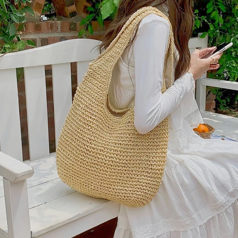 Borsa a tracolla in paglia, grande capacità, borsa da spiaggia per laptop, stile vacanza primavera estate 2025_voghion.com