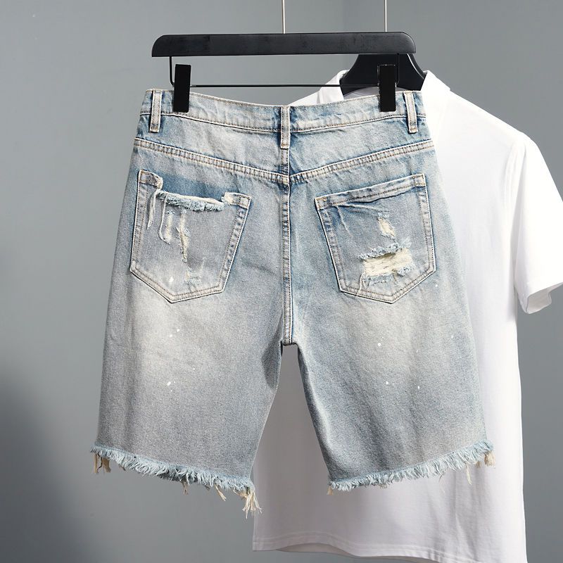 Pantalon 5/4 en denim léger et fin d'été, trous grattés pour hommes, marque tendance avec bords rugueux, pantalon 5/5 mendiant_voghion.com