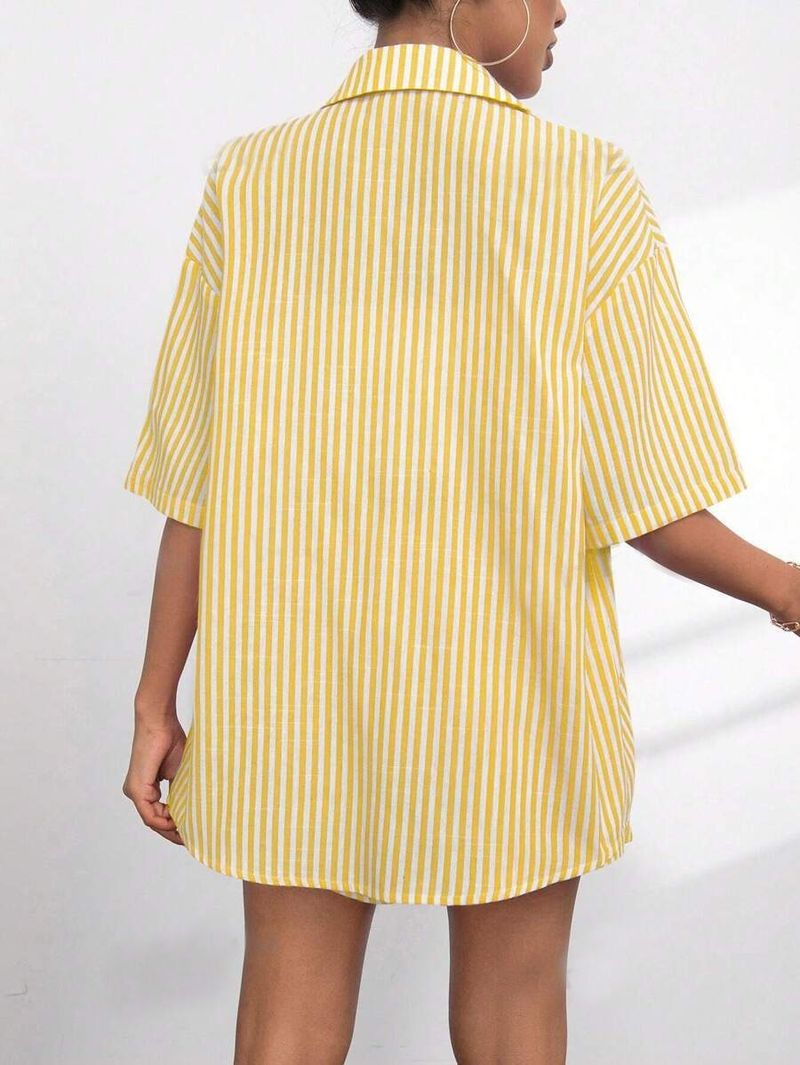 Abbigliamento da donna, nuovo stile, pantaloncini a righe con risvolto e maniche corte, casual, due pezzi, completo da donna_voghion.com