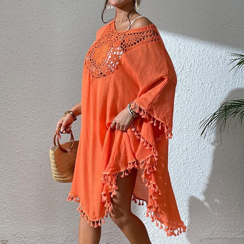 Crochet-Trimmed Polyester Beach Cover-Up – Flowy & Sexy Bikini Wrap For Vacation & Swim (One Size) – Lightweight & Stylish_voghion.com
