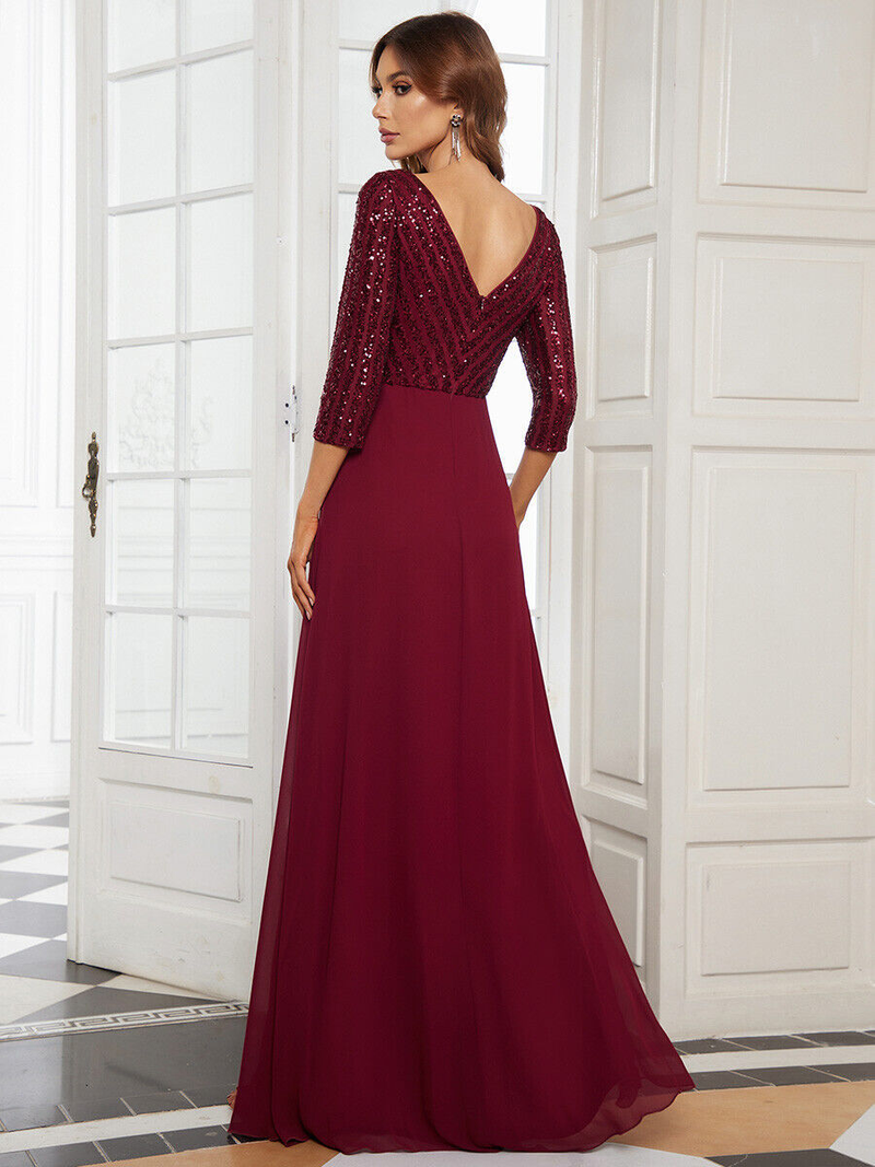 Women's chiffon double V-neck long skirt A-line large hem sequined stitching evening dress_voghion.com