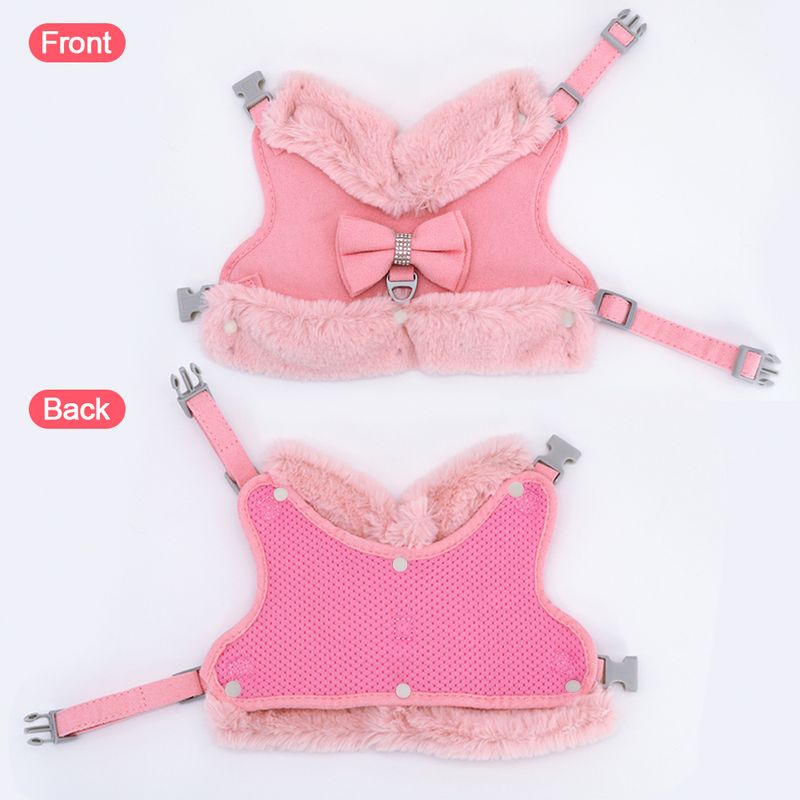 Soft Leash And Harness Set, Cute Winter Vest With Bow Pets, Warm Fur Clothing For Small Dogs, Pink French Bulldog By PawParty Store_voghion.com