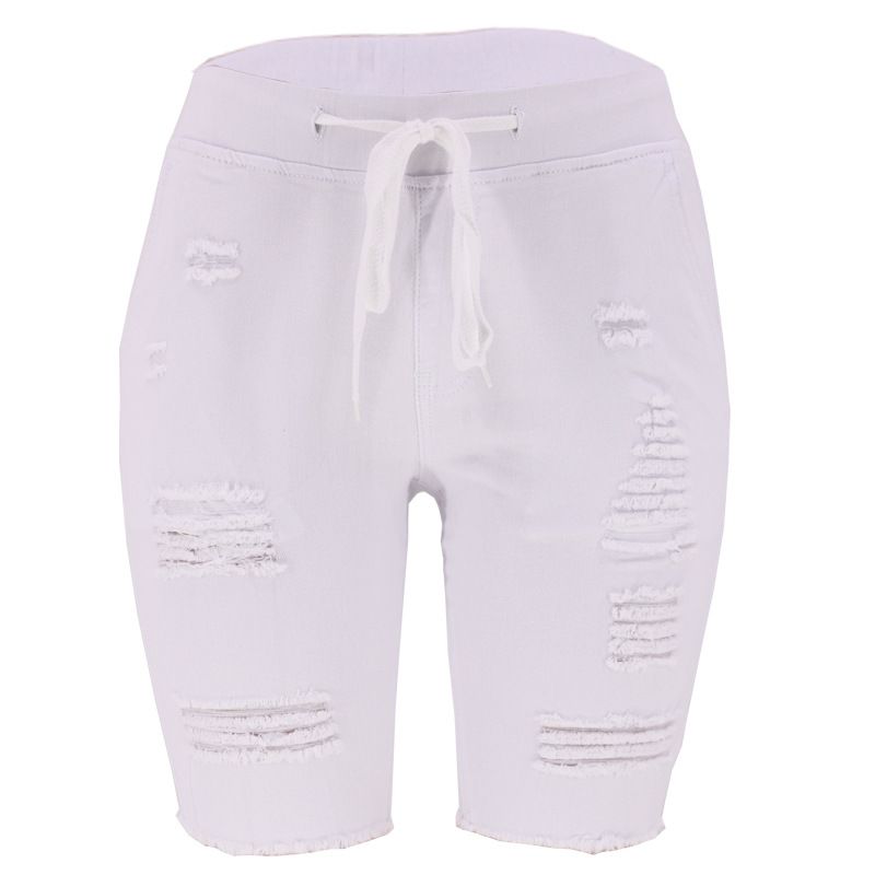 Jeans corti blu lavaggio medio elasticizzati a vita media strappati da donna_voghion.com