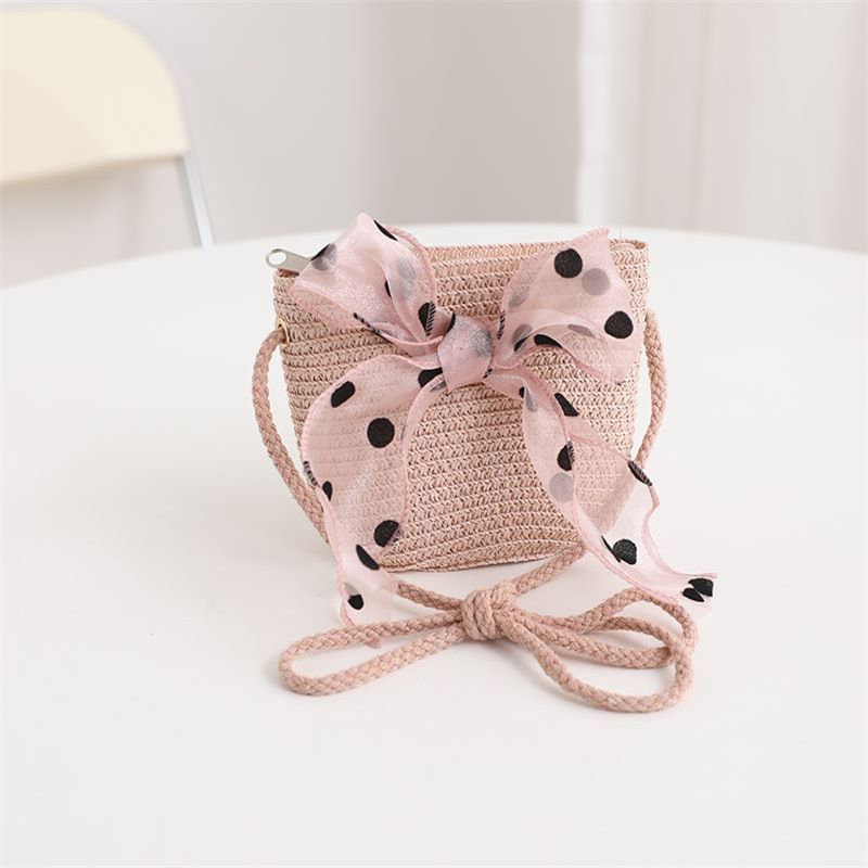 Nuovo set di cappelli e borse parasole con fiocco coreano a pois e onde di paglia per bambini, dolce e carino_voghion.com