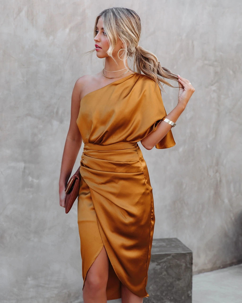 Damen Sexy Einseitige Ärmel Rose Segment Unregelmäßigen Rock Kleid Abendkleid Für Frauen_voghion.com