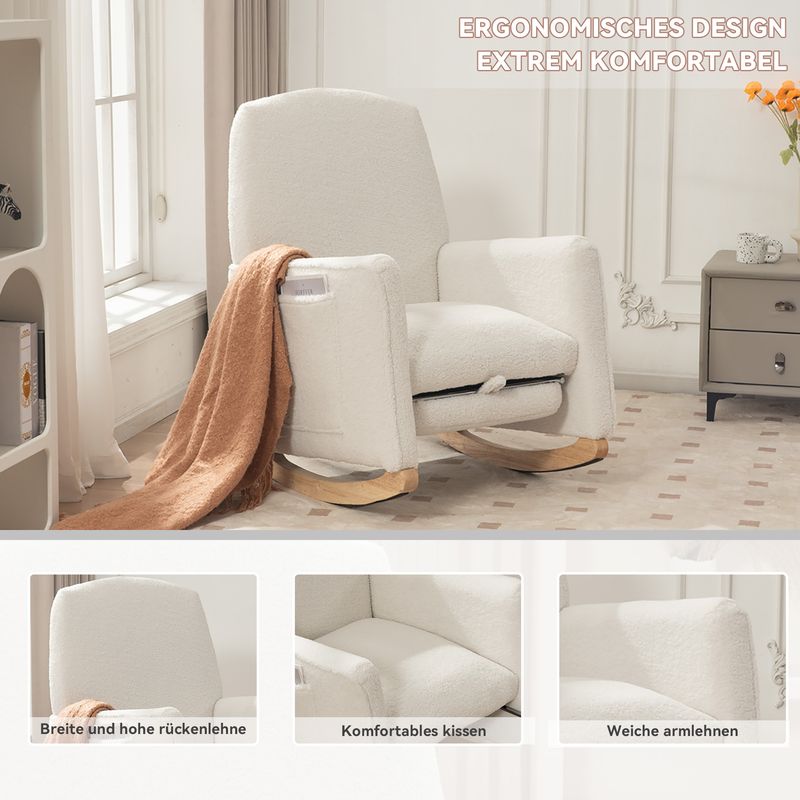 Fauteuil à bascule 044 avec pouf, fauteuil inclinable d'intérieur à dossier haut en tissu Teddy blanc pour salon_voghion.com