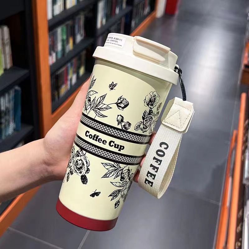 Coffee Tumbler - 500ml Stainless Steel Insulated Travel Mug With Handle & Straw, Floral Print Design, Ideal For Car, Office & Gifts_voghion.com