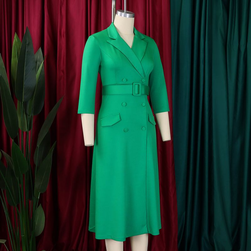 Damenbekleidung Damenmode Temperament Zweireihiger Anzugkragen Einfarbiges Kleid Mittellanges Kleid_voghion.com