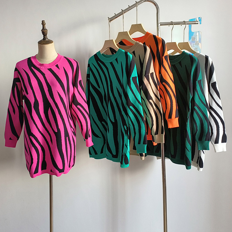 Abbigliamento donna autunno e inverno nuovo maglione pullover lavorato a maglia moda stampa zebra più maglione girocollo taglia_voghion.com