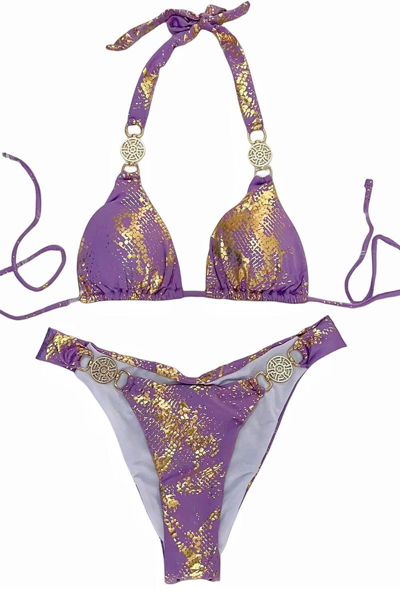 Ins Snake Print Bronzing Bikini Kristall Diamant Metall Zubehör Split Damen Badeanzug Urlaub Bademode_voghion.com
