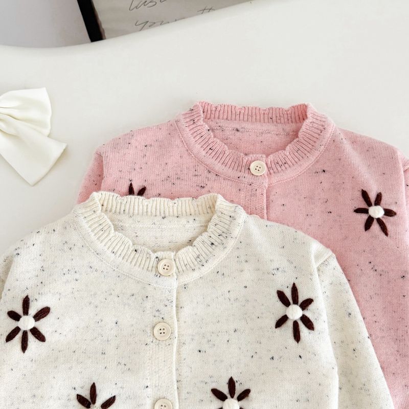 Completo con cardigan in maglia e abito a palloncino da principessa per bambine - Completo floreale a maniche lunghe (3-8 anni, 100-140 cm) - Rosa/Beige_voghion.com