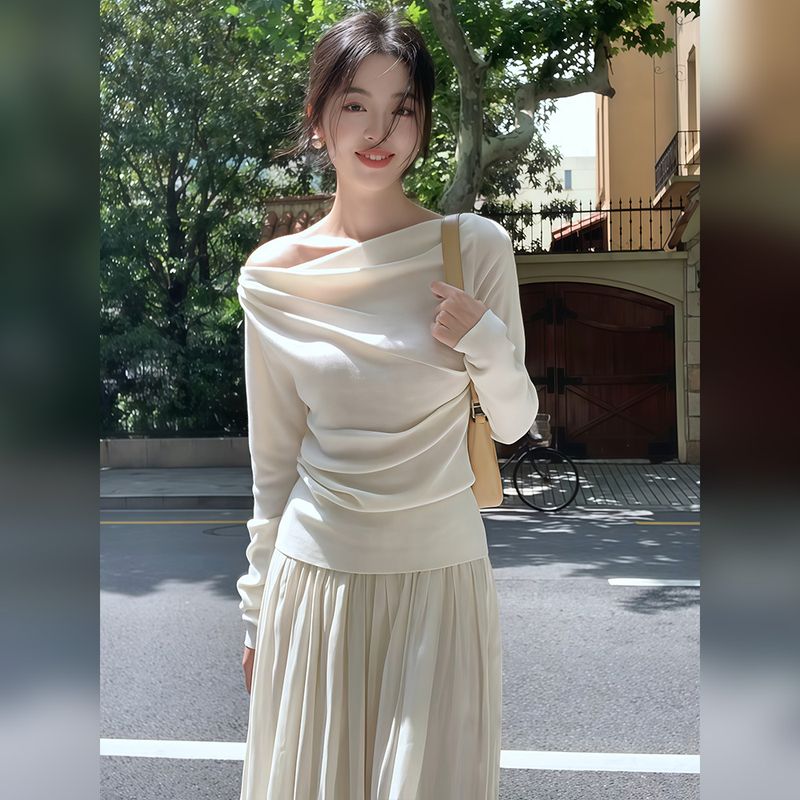 White Swing Collane Shoulder Knitted Long Sleeved T-shirt 2025 Spring And Autumn New Women's Clothing Design_voghion.com