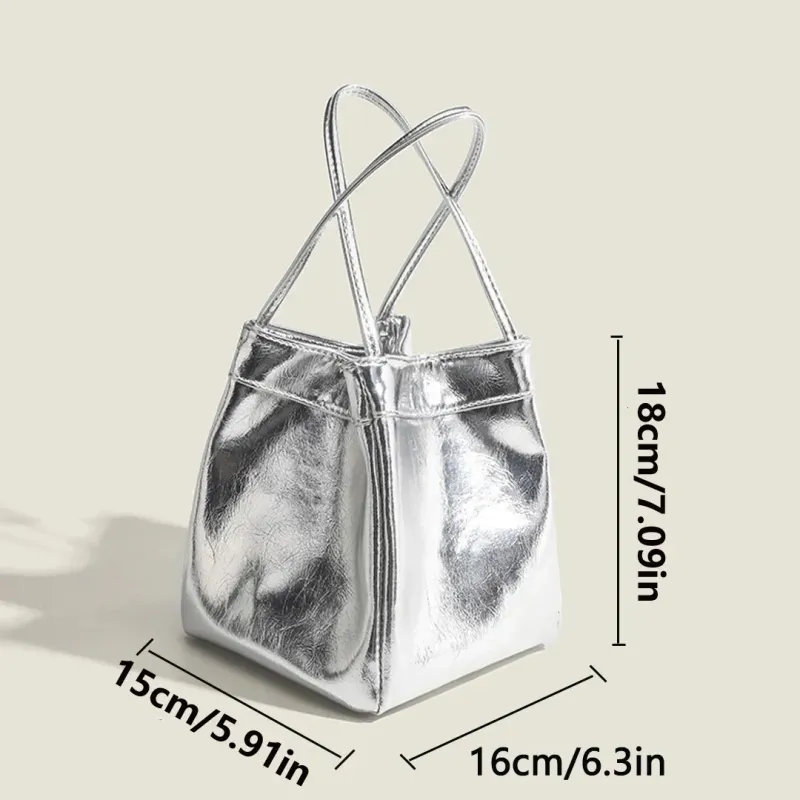 Womens Silver Bucket Bag 2024 Fashionable Simple Lunch Box Niche Western Texture Handheld Small 250314l_voghion.com