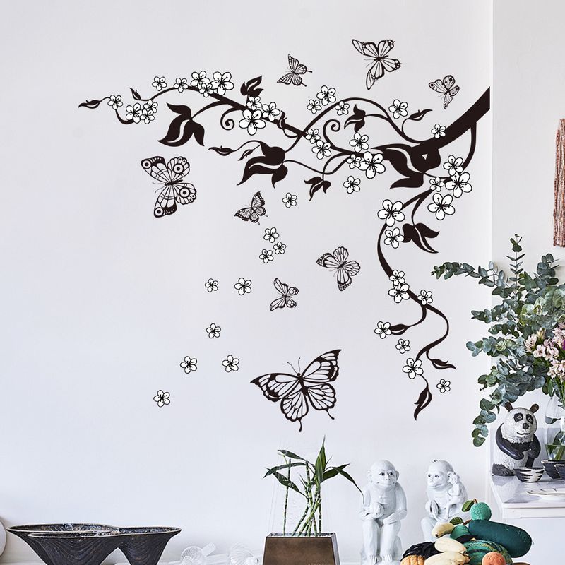 Handgezeichnete Schmetterlingszweige, Blumen, PVC N1811, selbstklebende dekorative Aufkleber für die Wohnzimmer-Hintergrundwand_voghion.com