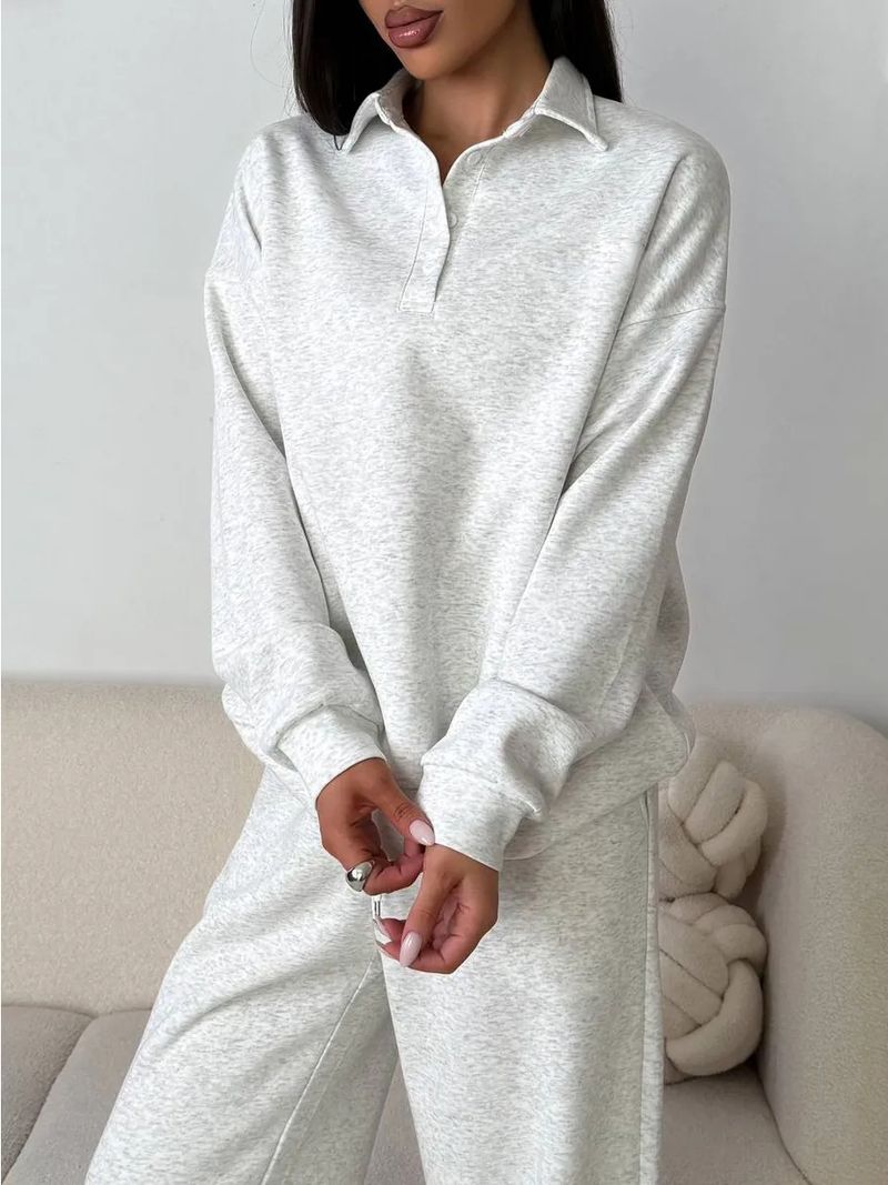 Set sportivi casual da donna, tinta unita, maniche lunghe, pullover con revers abbottonato, felpa, pantaloni con lacci, completo due pezzi_voghion.com