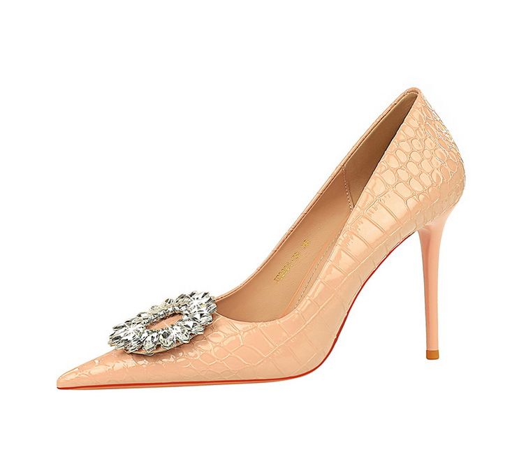 3391-K29 Fashionable High Heels With Thin Heels, Shallow Mouth, Pointed Toe, Lacquer Skin, Snake Pattern, Water Diamond_voghion.com