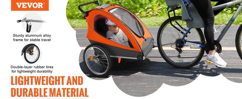 VEVOR Bike Trailer For Toddlers, Kids, Double Seat, 100 Lbs Load, 2-In-1 Canopy Carrier Converts To Stroller, Tow Behind Foldable Child Bicycle Trailer With Universal Bicycle Coupler, Orange And Gray_voghion.com