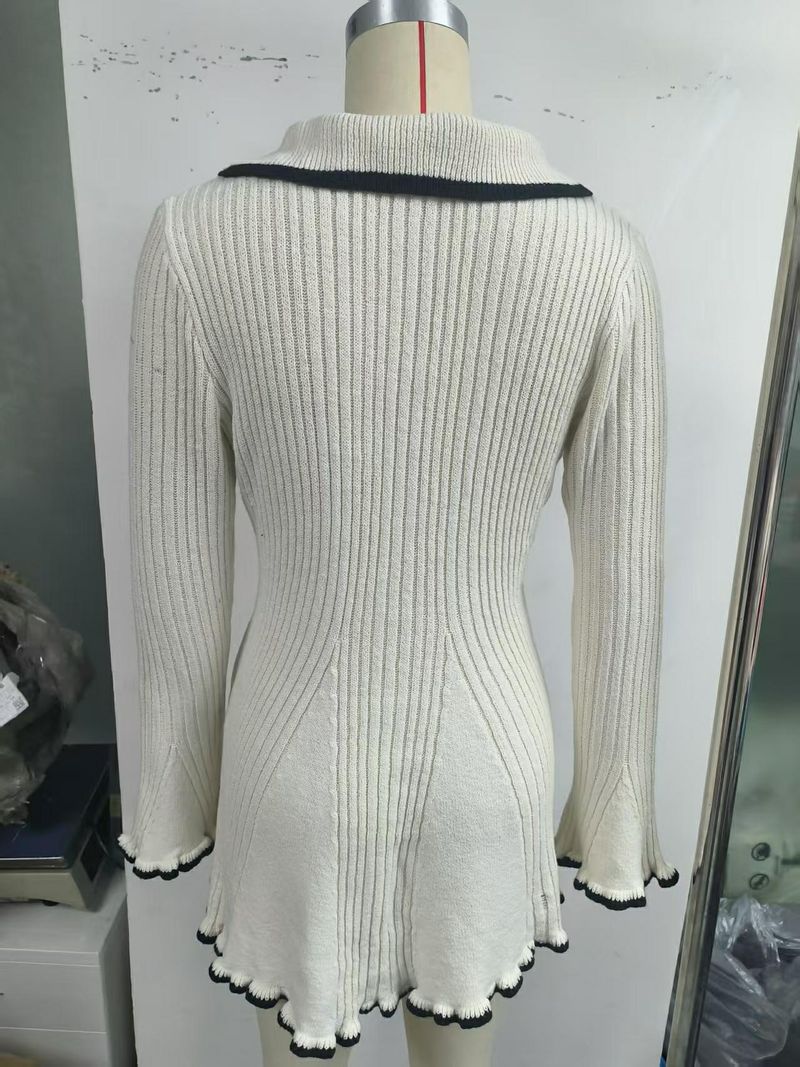 Elegante abito in maglia con colletto a punta e orlo a balza – Tunica a maniche lunghe slim fit per donna_voghion.com