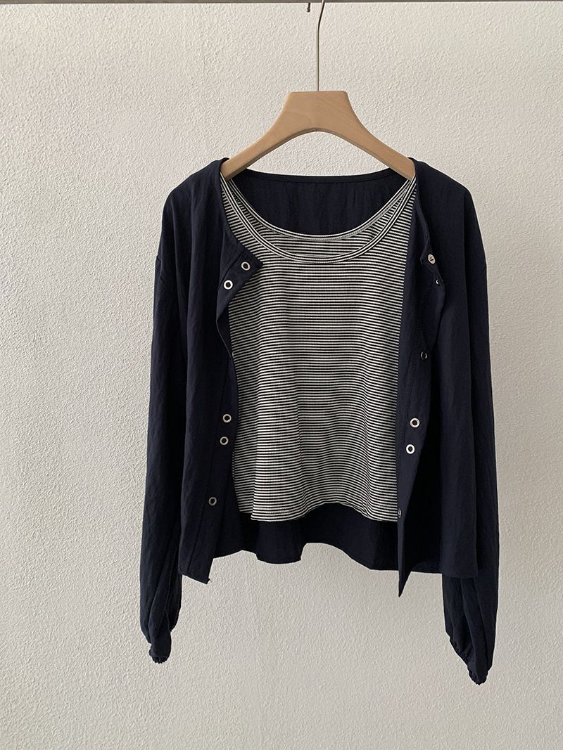 Omalai Autunno Nuovo Stile Coreano Casual Due Pezzi Set Gilet a Righe + Giacca Cardigan a Maniche Lunghe per Donna 4421_voghion.com