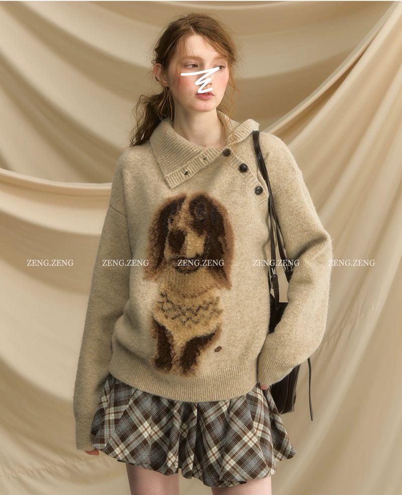 Mädchen 251029-157 „Guten Morgen, kleine Wurst“ Design Seitlicher Knopf Nerz-Hunde-Retro-Pullover_voghion.com