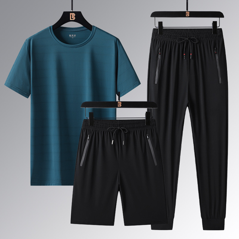 Ensemble trois pièces en soie glacée pour homme, séchage rapide, frais, confortable, anti-transpiration, respirant, décontracté, sport, été_voghion.com