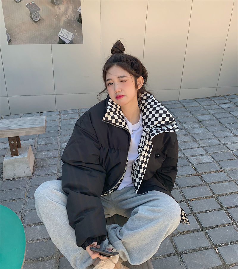 Women’s Oversized Checkerboard Puffer Jacket – Thick Cotton Quilted Coat With Stand Collar (Black, Coffee, S-XXL)_voghion.com