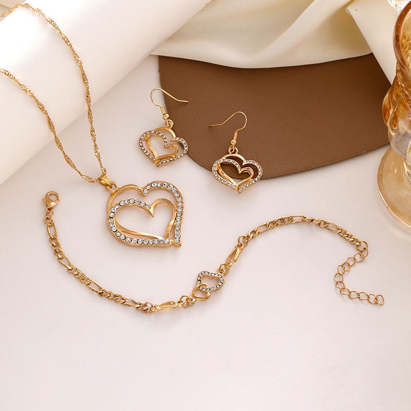 Schmucksets Neues Schmuckset Hochzeit Abendkleid Zubehör Doppelte Liebe Herzförmige Ohrringe Halskette Armband Spot_voghion.com