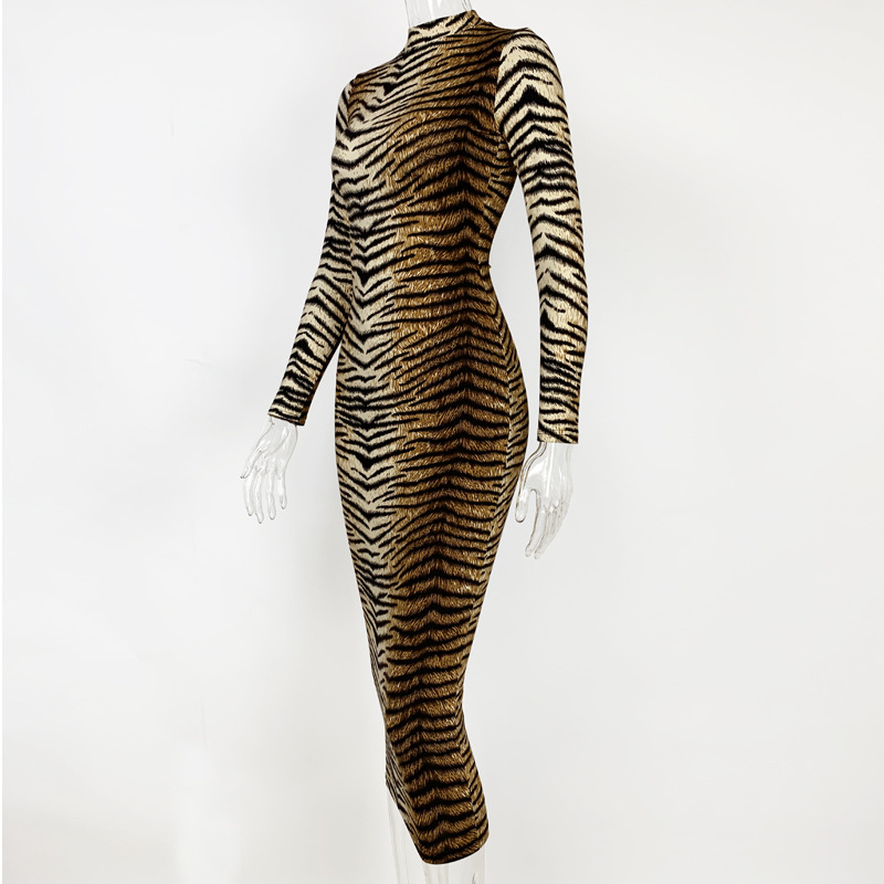 Abito slim sexy a maniche lunghe con stampa leopardata alla moda da donna_voghion.com